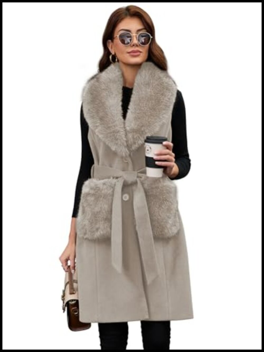 Long Wool Vest with Detachable Faux Fur Collar & Belt - Sleeveless Coat